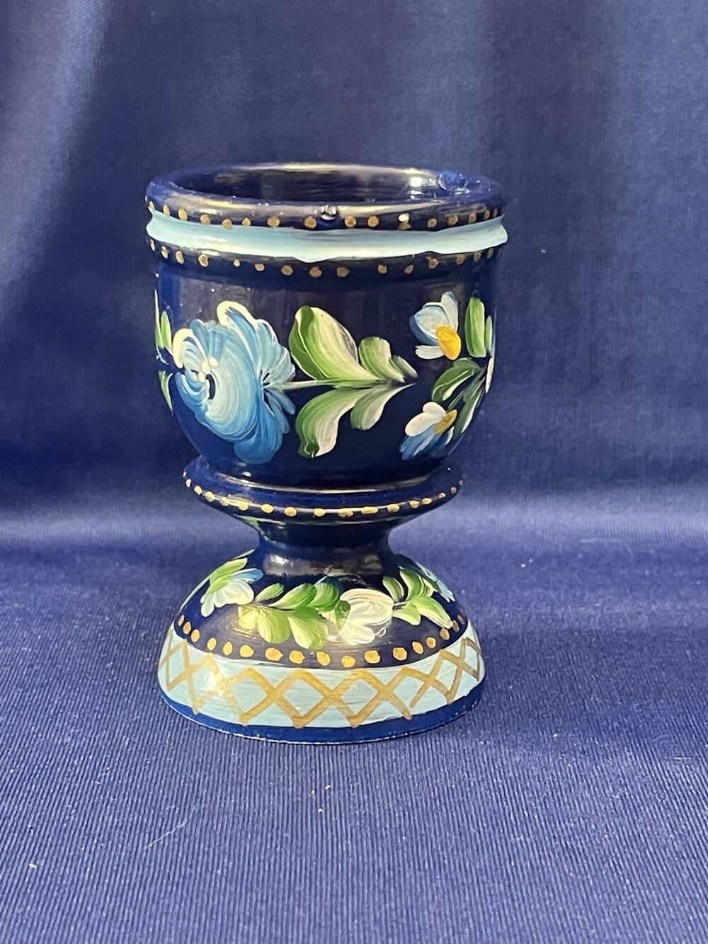 Hand Painted Wooden Cobalt Blue Egg Cup with Flowers Accents